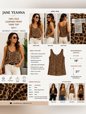Jane Yeahna 100% Silk Leopard Print Sleeveless Tank Top Women's Size S Brown
